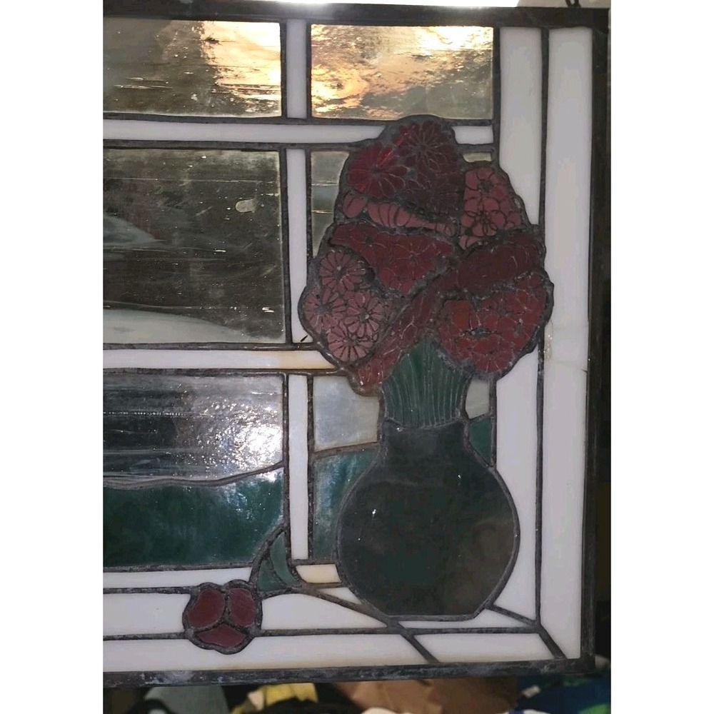 Vtg Handcrafted Stained Glass Hanging Floral Vase Window Panel Chain Cottagecore